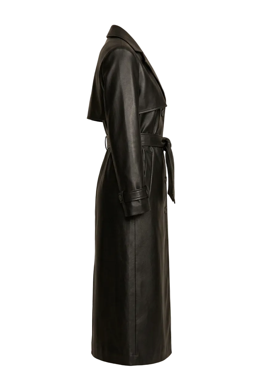 Women's Elegant Longline Faux Leather Trench Coat with Adjustable Waist