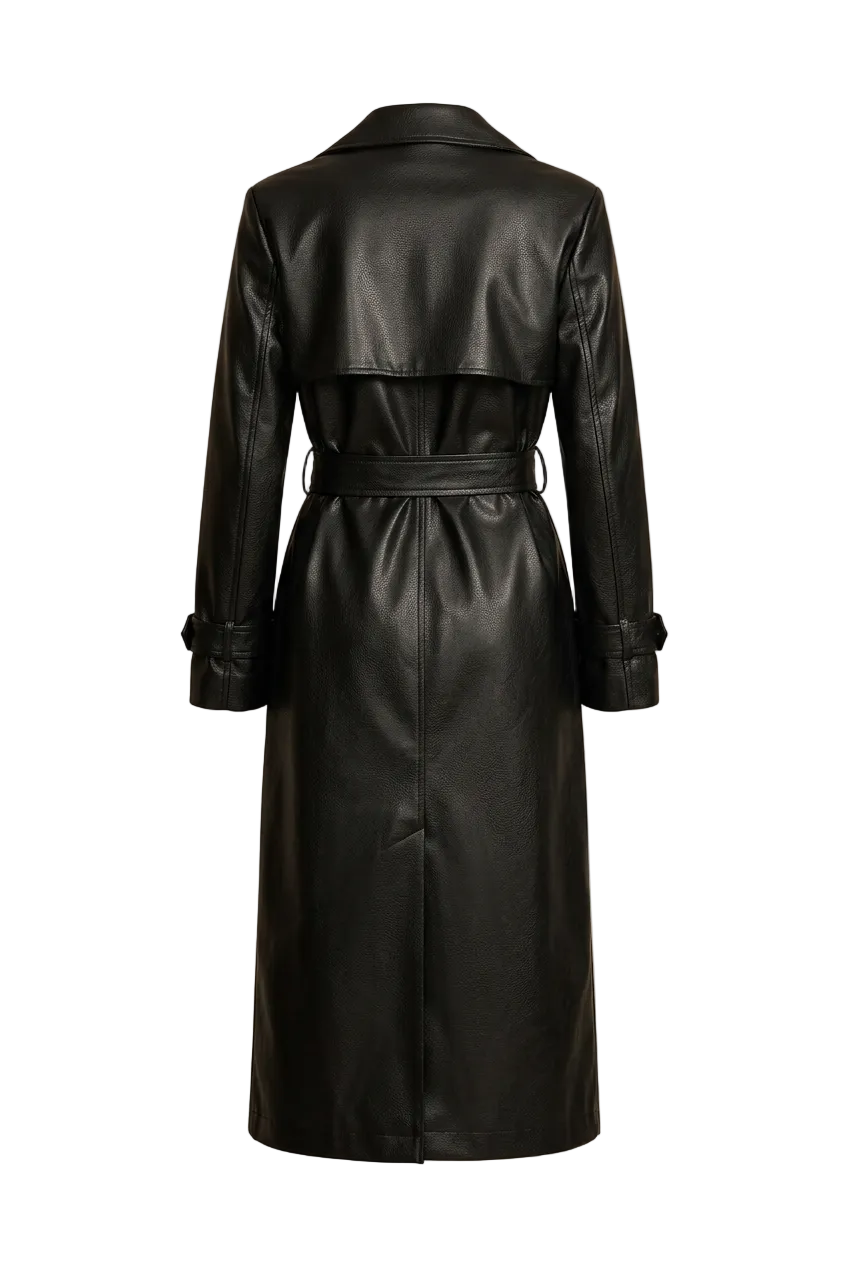 Women's Elegant Longline Faux Leather Trench Coat with Adjustable Waist