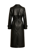 Women's Elegant Longline Faux Leather Trench Coat with Adjustable Waist
