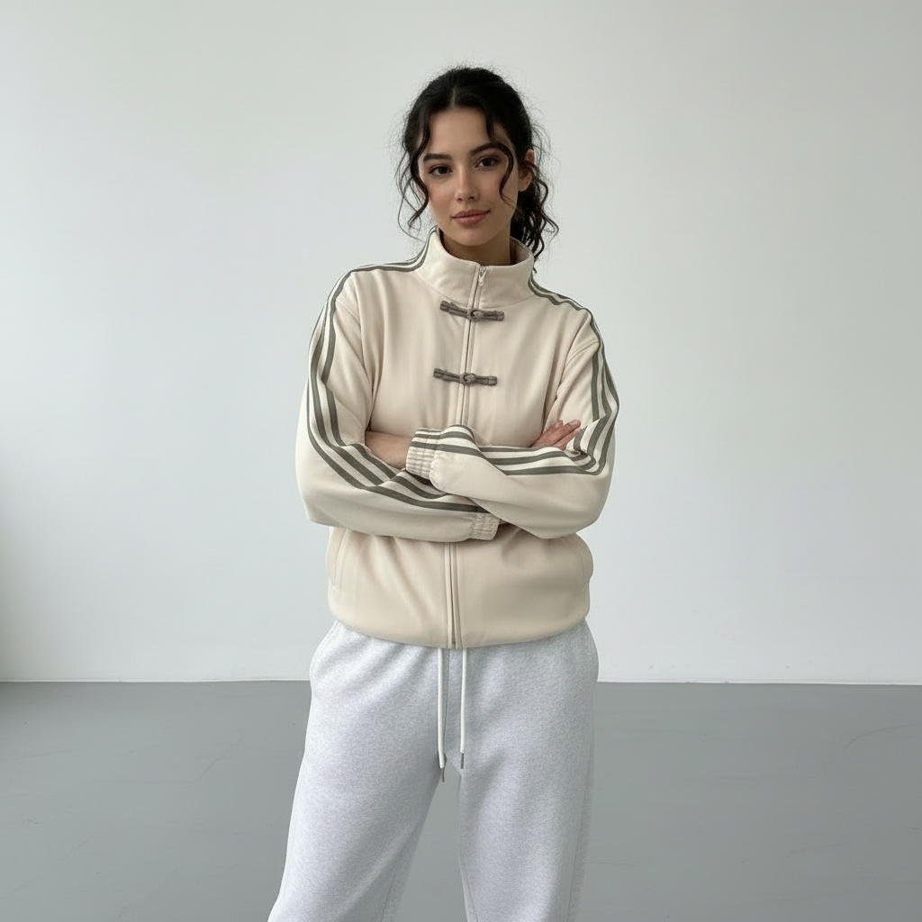 Retro Track Jacket with Button Loops & Contrast Stripes – Velour Look Zip Jacket