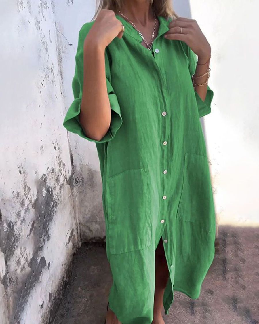 Linen Button-Up Boho Shirt Dress