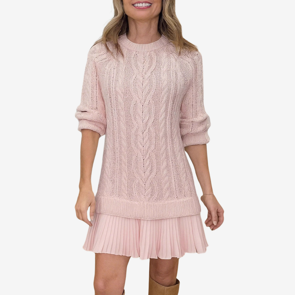Women's Elegant Cable Knit Mini Dress with Pleated Skirt Hem and Classic