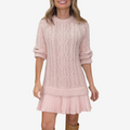 Women's Elegant Cable Knit Mini Dress with Pleated Skirt Hem and Classic