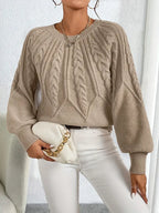 Cable Knit Jumper with Balloon Sleeves – Khaki
