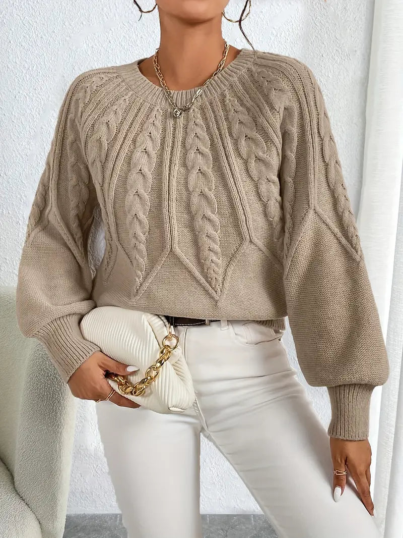 Cable Knit Jumper with Balloon Sleeves – Khaki