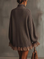Women's Chunky Knit Turtleneck Mini Dress with Romantic Lace Ruffle Hem