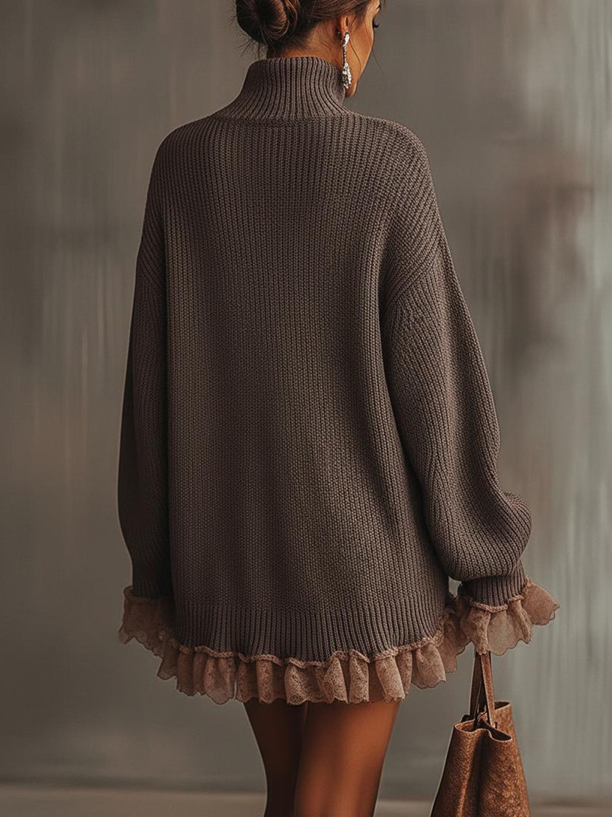 Women's Chunky Knit Turtleneck Mini Dress with Romantic Lace Ruffle Hem
