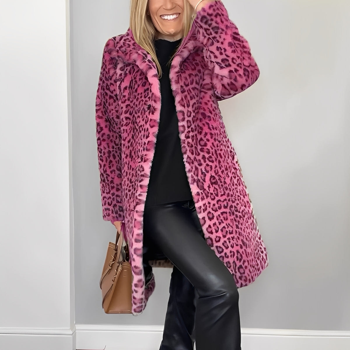 Women's Elegant Leopard Print Faux Fur Winter Coat with Plush Oversized