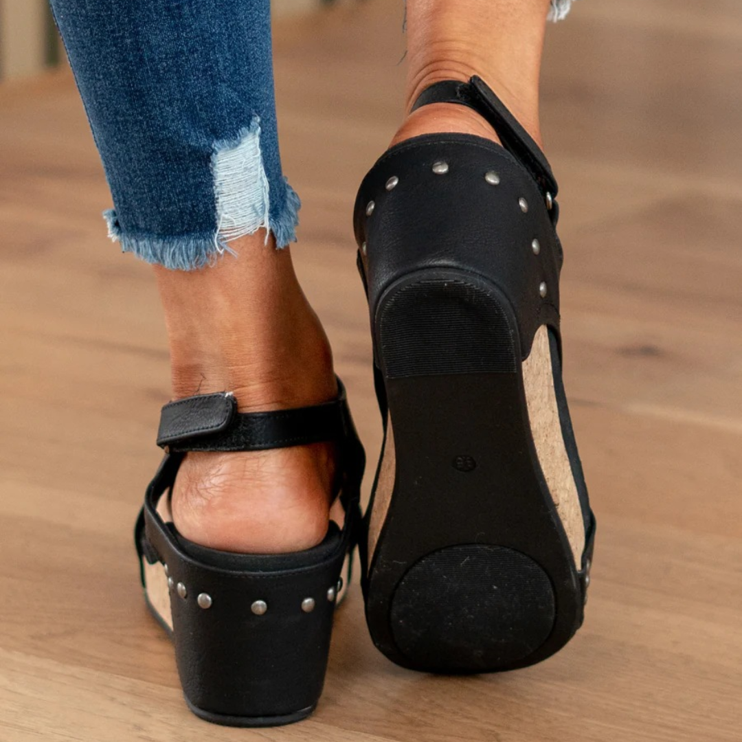 Suede Peep-Toe Cork Wedge Sandals
