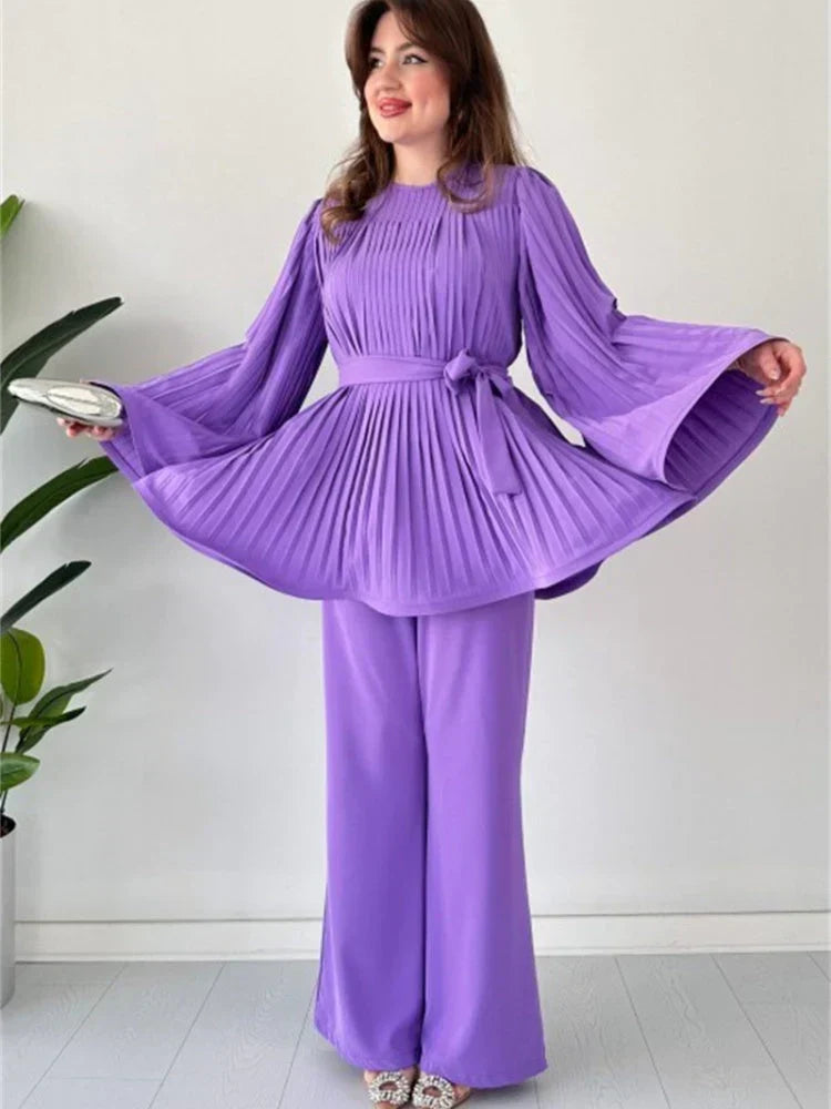 Women's Pleated Belted Top and Wide-Leg Trouser Set