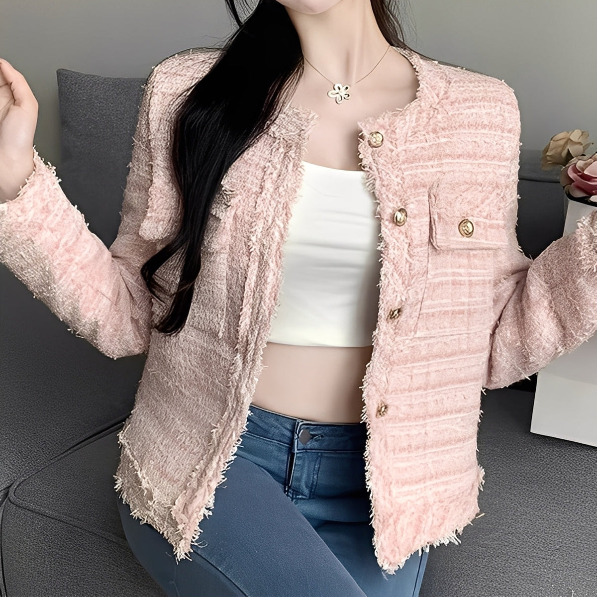 Women's Cropped Bouclé Tweed Jacket with Gold Tone Buttons and Frayed Edges