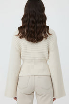 Women's Chunky Ribbed Knit Cardigan with Deep V-Neck and Single Button