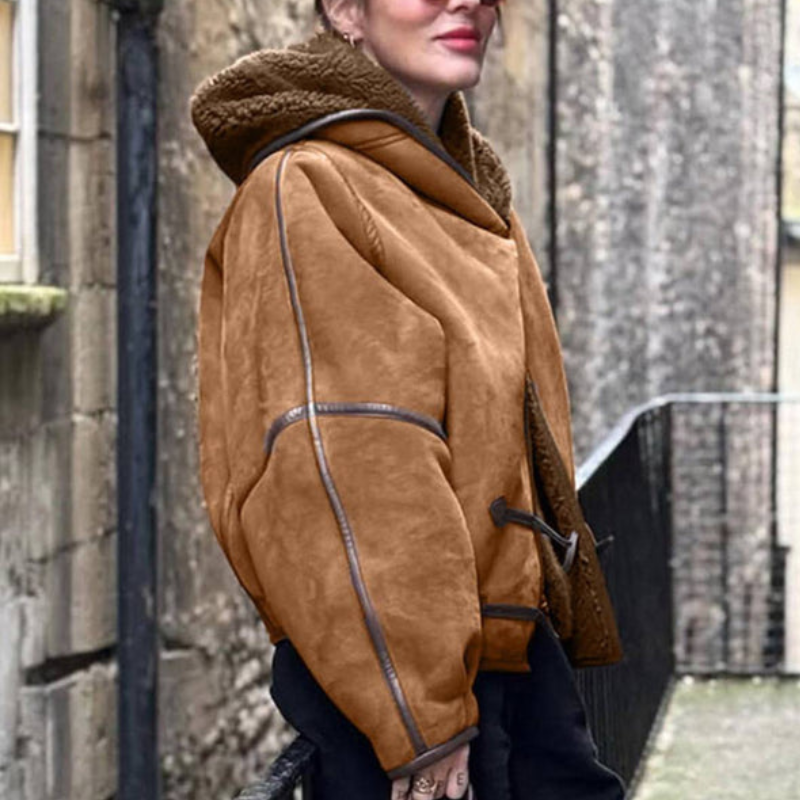 Women's Suede-Look Teddy-Lined Hooded Jacket with Toggle Fastenings