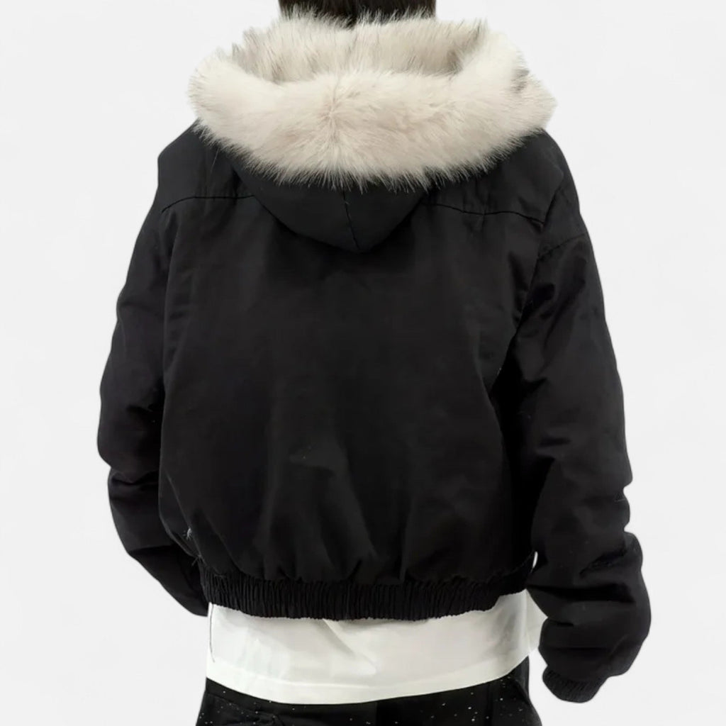 Women's Cropped Hooded Winter Bomber Jacket with Plush faux fur Trim