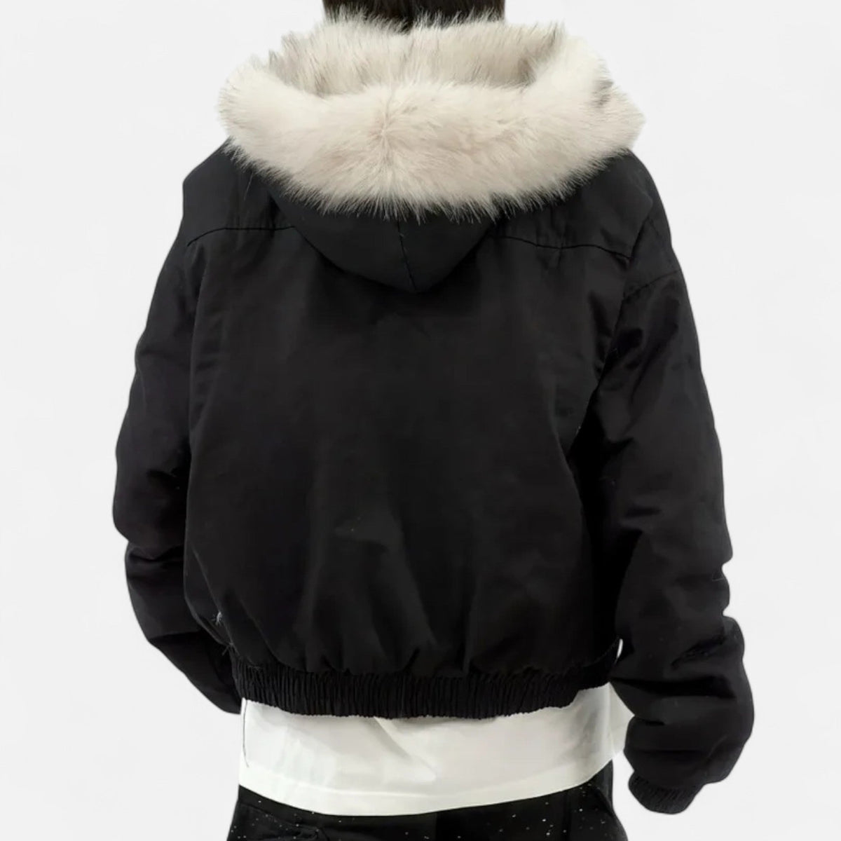 Women's Cropped Hooded Winter Bomber Jacket with Plush faux fur Trim