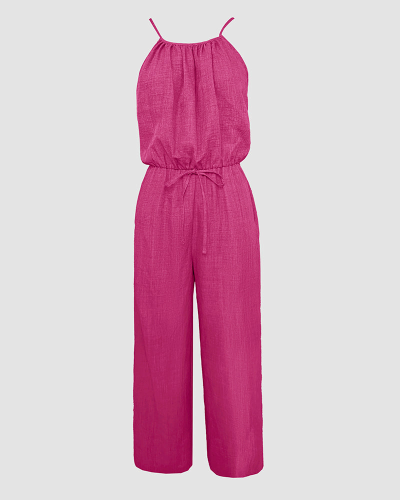 Spaghetti Strap Drawstring Tied Waist Casual Jumpsuit | Meave & Ivy