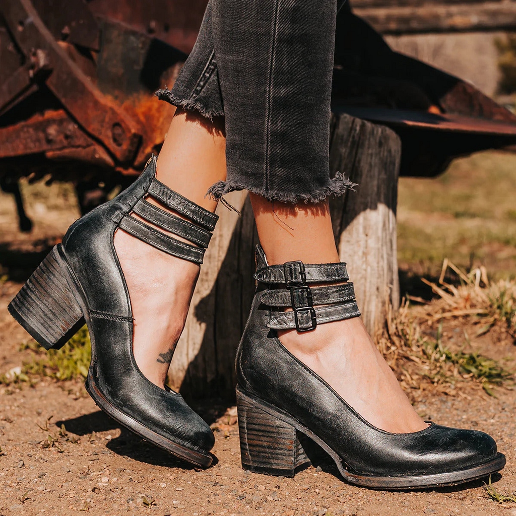 Block-Heel Buckle-Strap Leather Shoes