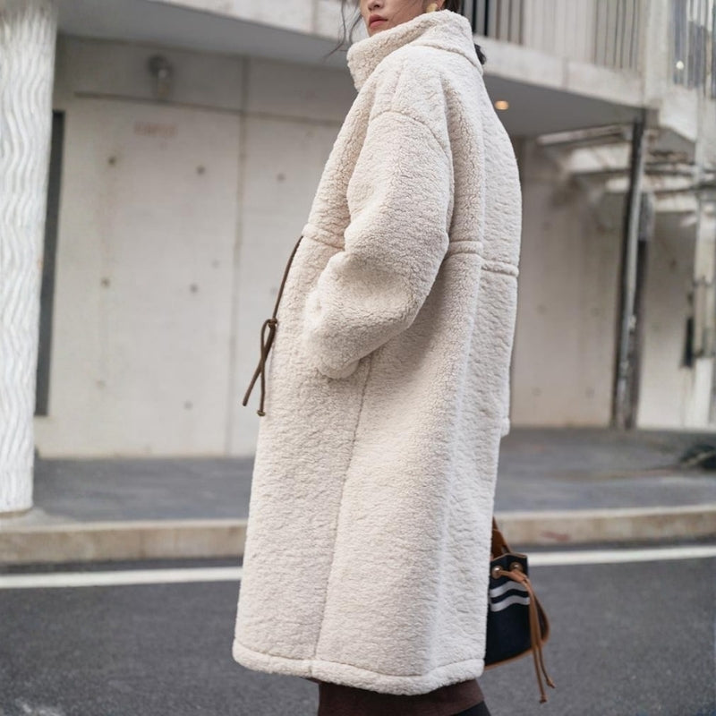 Women's Longline Teddy Fleece Winter Coat with High Collar and Adjustable