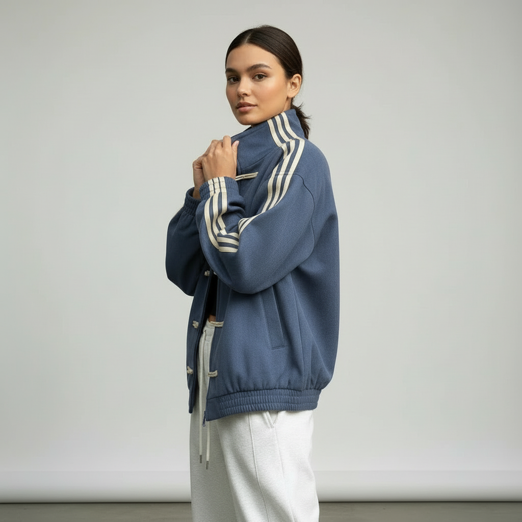 Retro Track Jacket with Button Loops & Contrast Stripes – Velour Look Zip Jacket