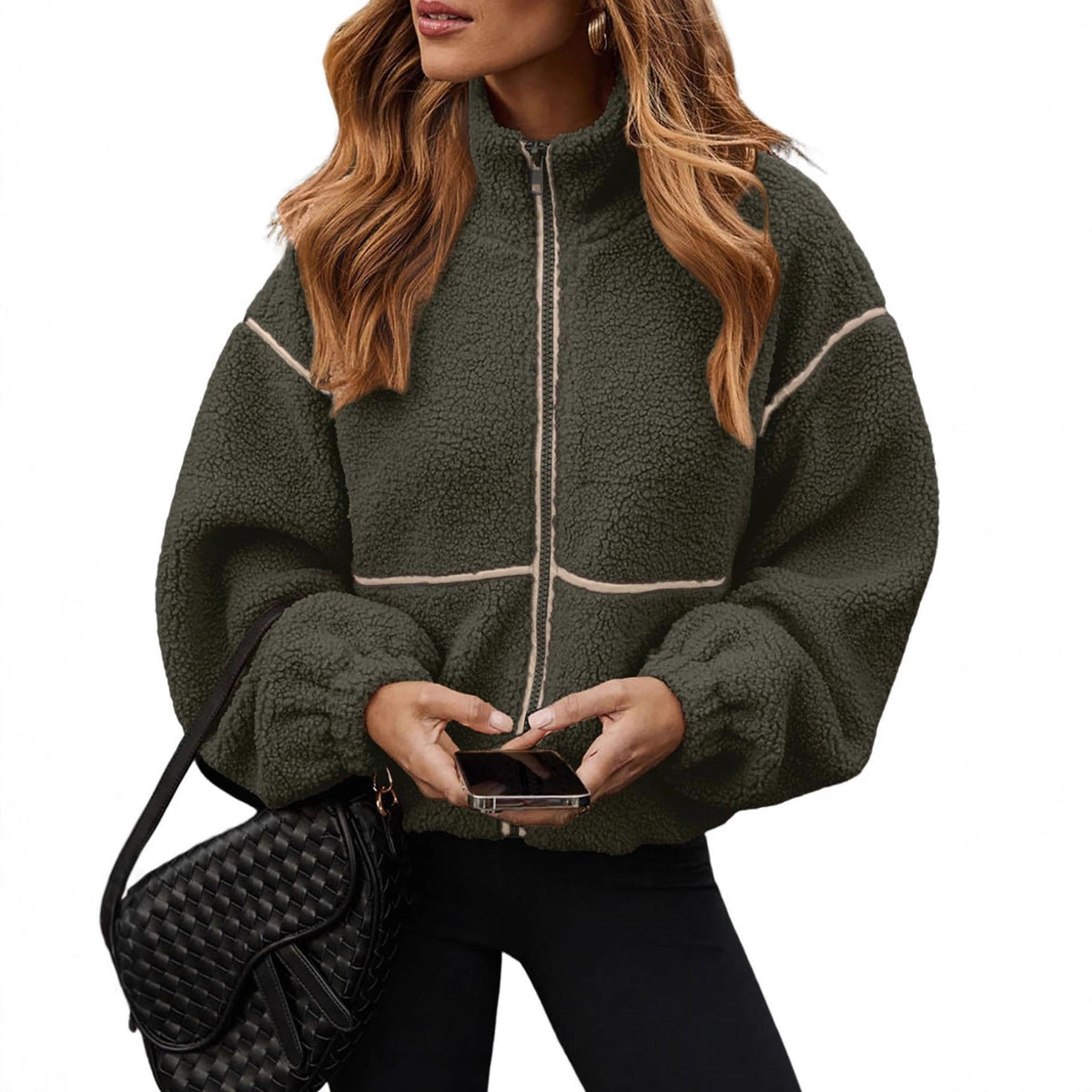 Women's Plush Teddy Fleece Zip-Up Jacket with High Stand Collar
