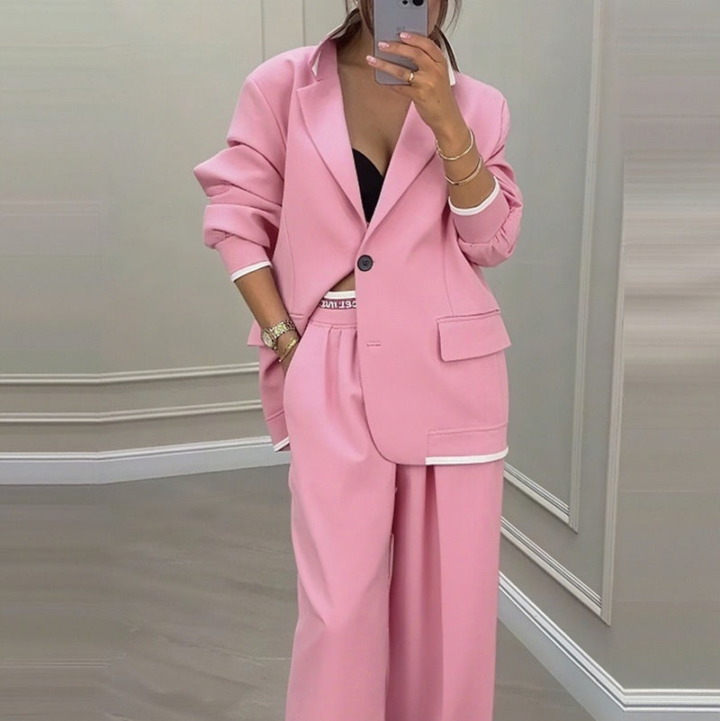 Women's Elegant Tailored Blazer and Wide Leg Trouser Suit