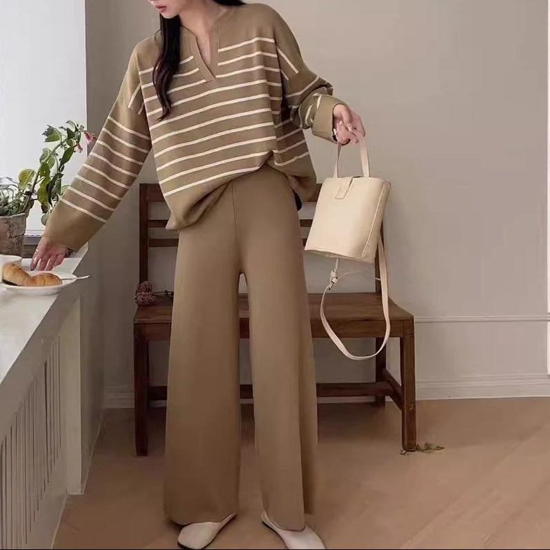 Women's Striped V-Neck Knitted Top and Wide-Leg Trousers Set