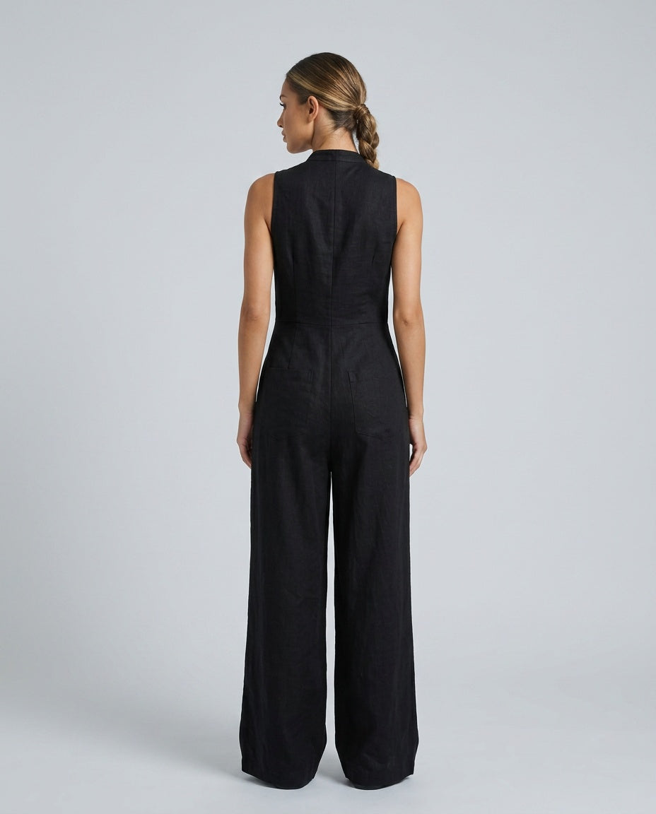 Linen-Blend Sleeveless Loose Jumpsuit