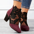 Women's Lace-Panel Heeled Ankle Boots – Floral Sheer Block-Heel Style