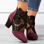 Women's Lace-Panel Heeled Ankle Boots – Floral Sheer Block-Heel Style