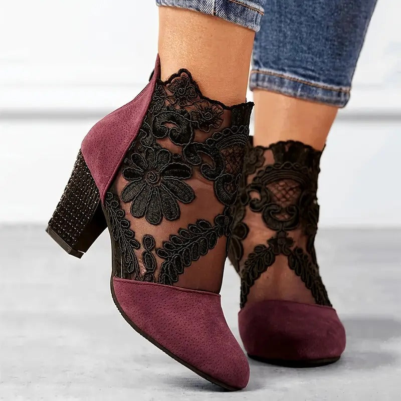 Women's Lace-Panel Heeled Ankle Boots – Floral Sheer Block-Heel Style