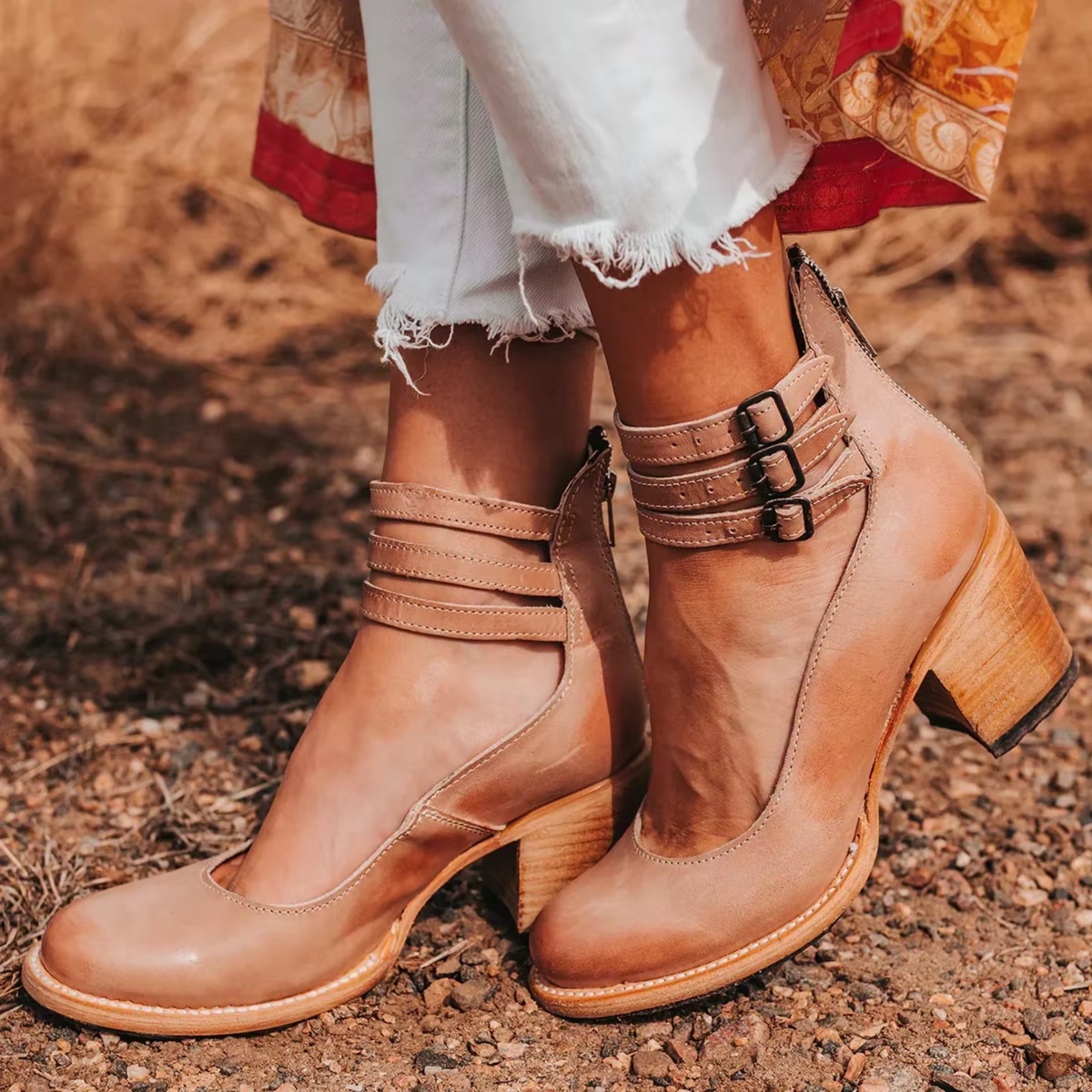 Block-Heel Buckle-Strap Leather Shoes
