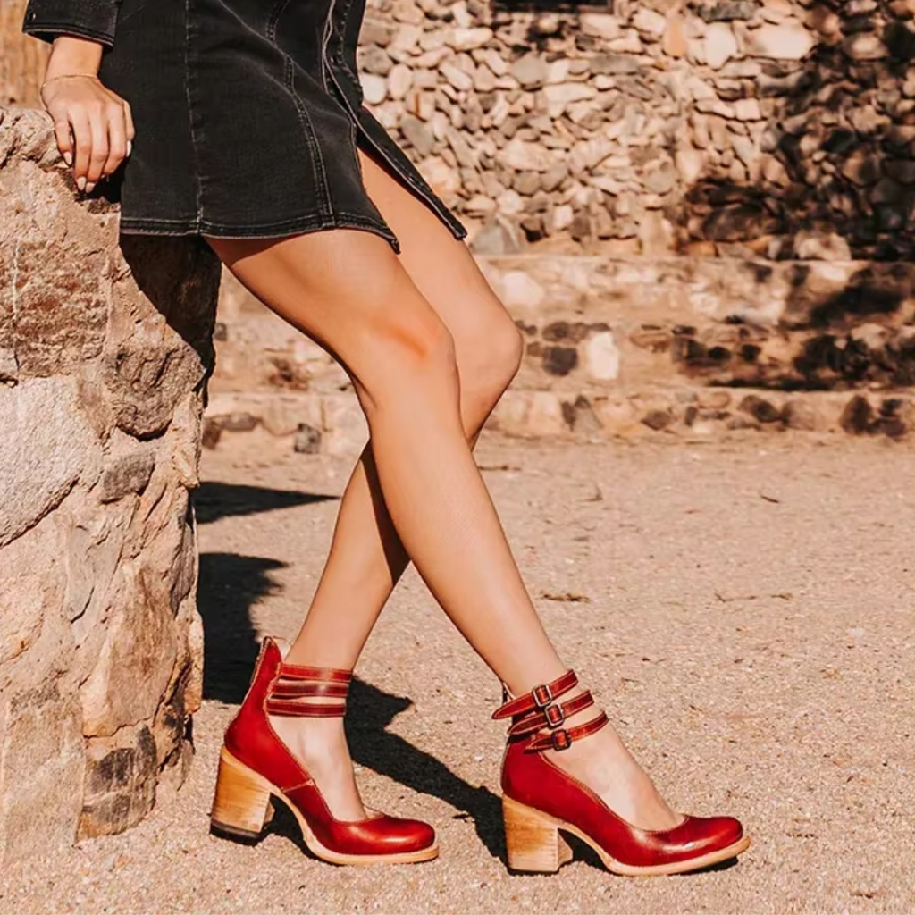 Block-Heel Buckle-Strap Leather Shoes