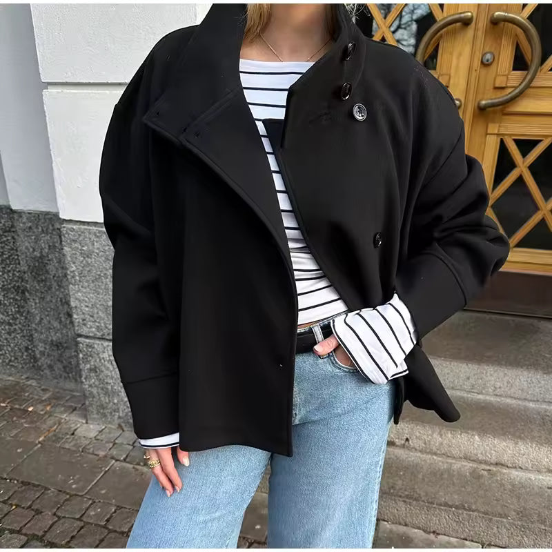 Peacoat Winter Jacket with High Collar – Short Minimalist Coat