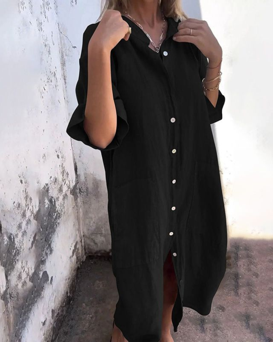 Linen Button-Up Boho Shirt Dress