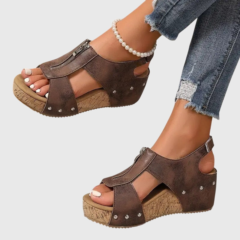 Women's Front-Zip Comfort Wedge Sandals