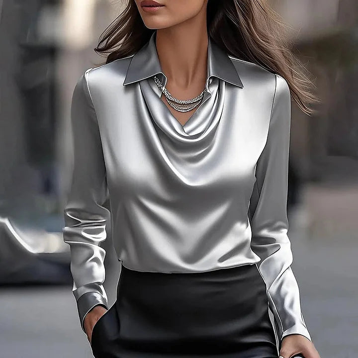 Satin Waterfall Neck Blouse with Long Sleeves – Draped Cowl Blouse