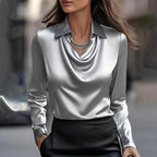 Satin Waterfall Neck Blouse with Long Sleeves – Draped Cowl Blouse