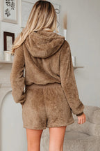 Women's Teddy Fleece Zip-Up Hoodie and Drawstring Shorts Set