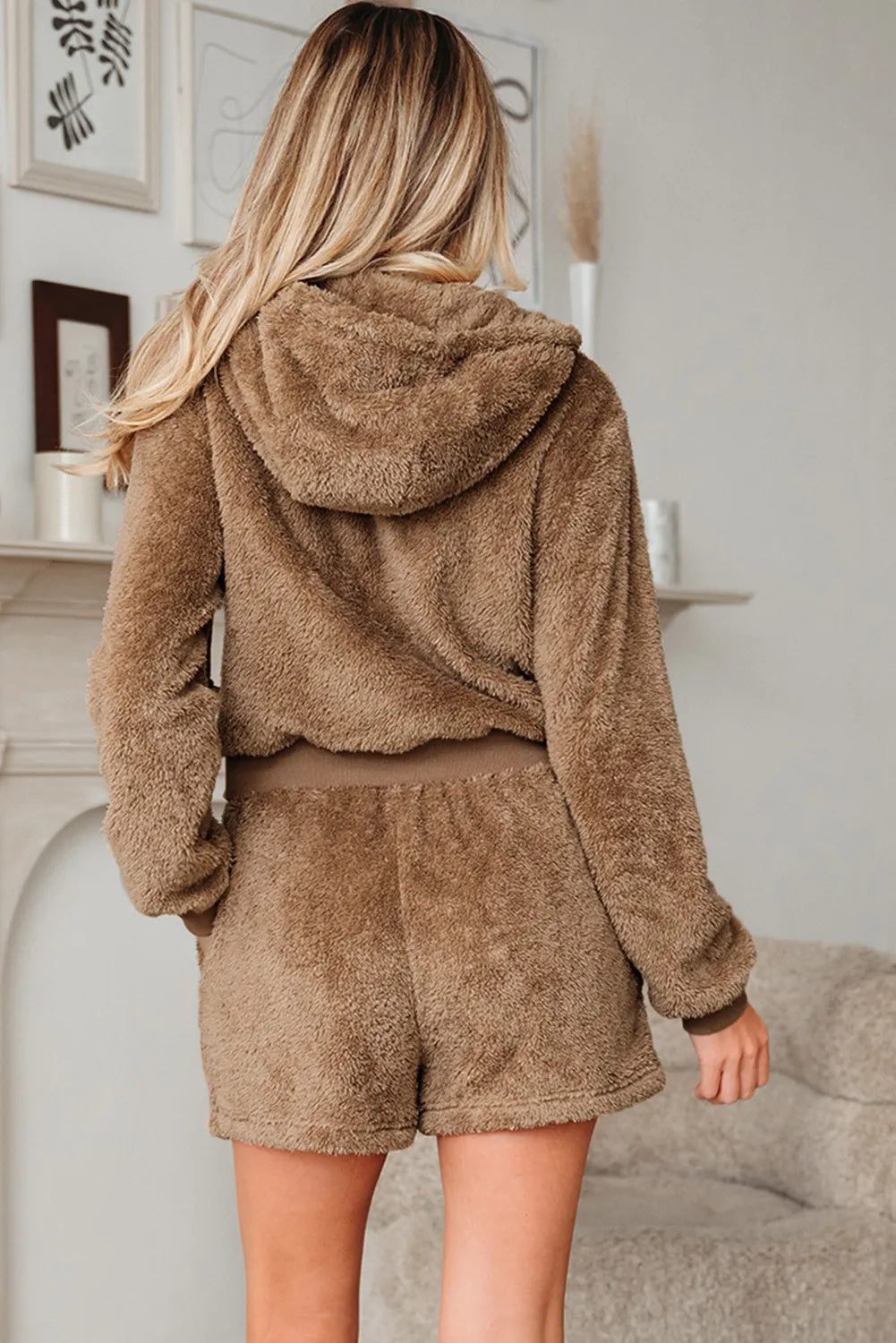 Women's Teddy Fleece Zip-Up Hoodie and Drawstring Shorts Set