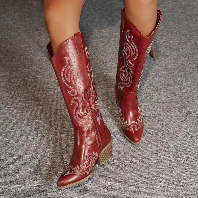 Knee High Embroidered Cowboy Boots with Pointed Toe