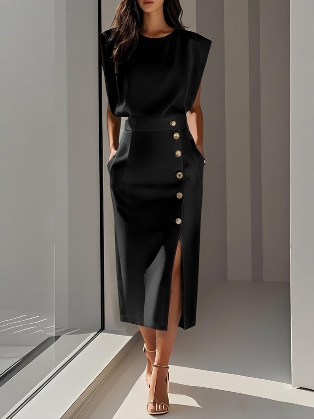 Sleeveless Button-Detail Bodycon Midi Dress