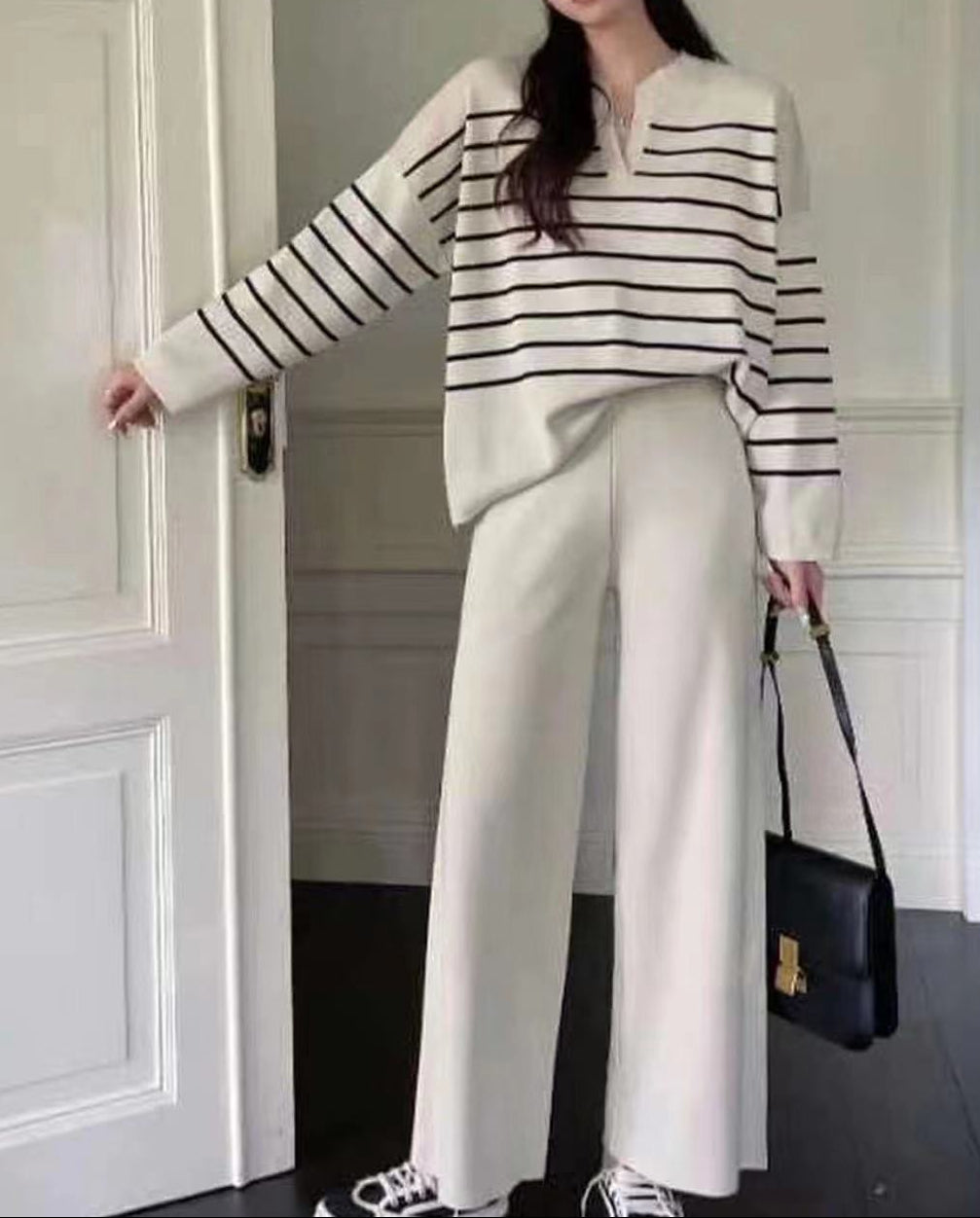 Women's Striped V-Neck Knitted Top and Wide-Leg Trousers Set