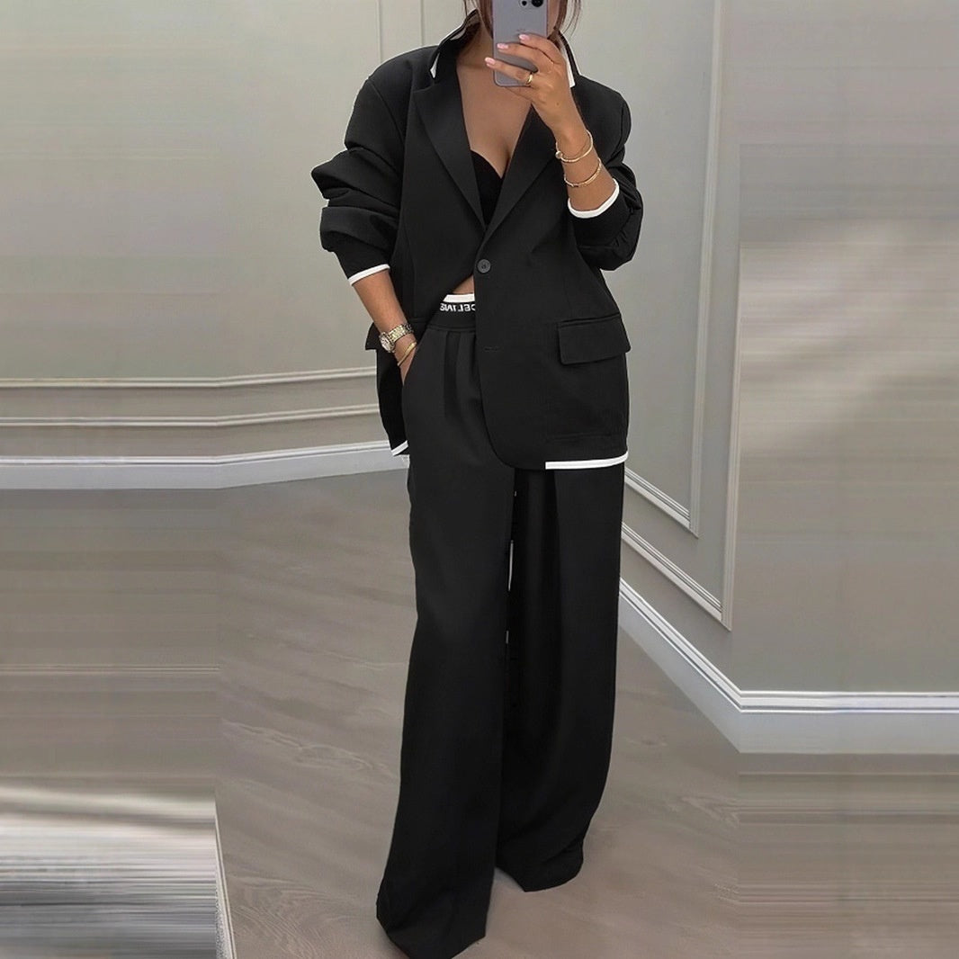 Women's Elegant Tailored Blazer and Wide Leg Trouser Suit