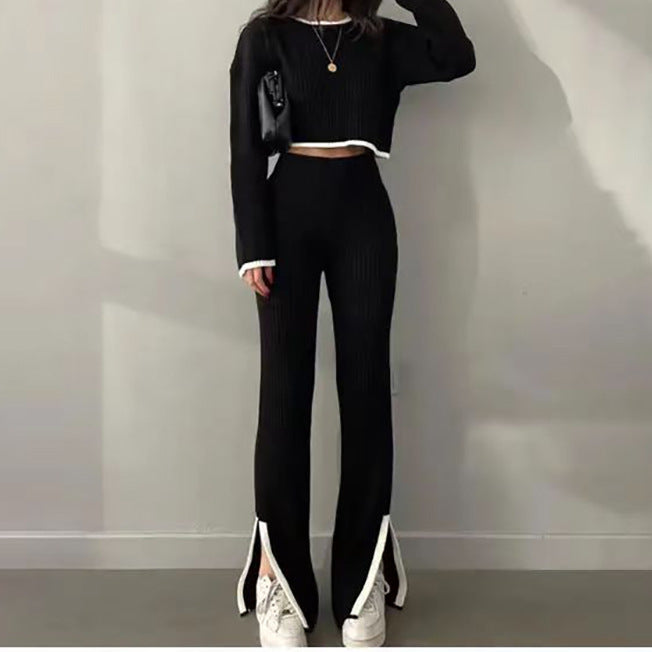 Women's Cropped Ribbed Knit Jumper and Flared Trousers Set