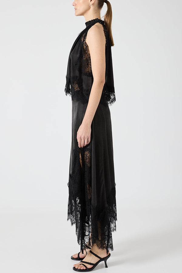 Satin Lace-Trim Top & A-Line Slit Skirt Set