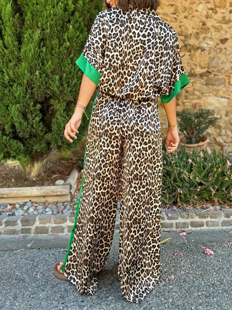 Women's Printed Short Sleeve Button-Up Shirt and Wide Leg Trouser Set