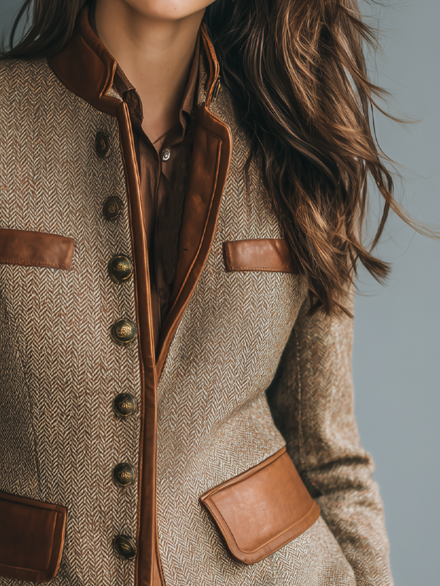 Tweed Jacket with Leather-Trim Pockets - Vintage Style