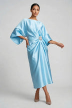 Satin Batwing Jewel Midi Dress - Elegant Wedding Guest Dress | Meave & Ivy