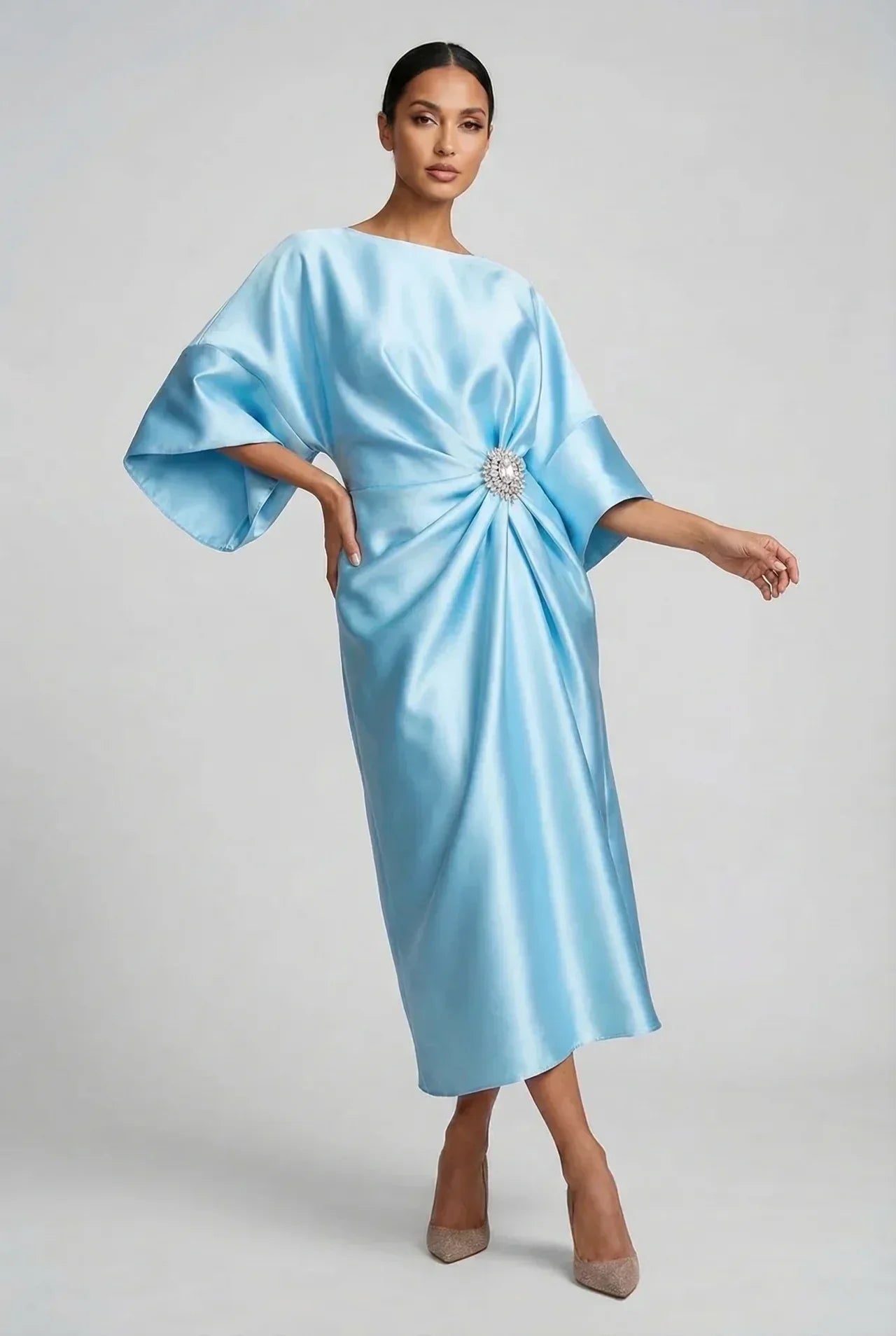 Satin Batwing Jewel Midi Dress - Elegant Wedding Guest Dress | Meave & Ivy