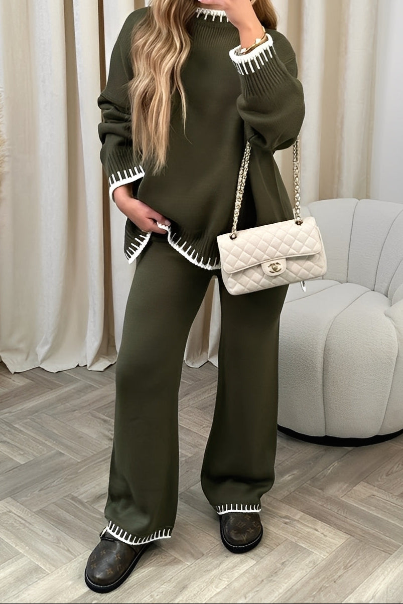 Women's Knitted Sweater and Wide-Leg Trouser Set with Contrast Ribbed Trims